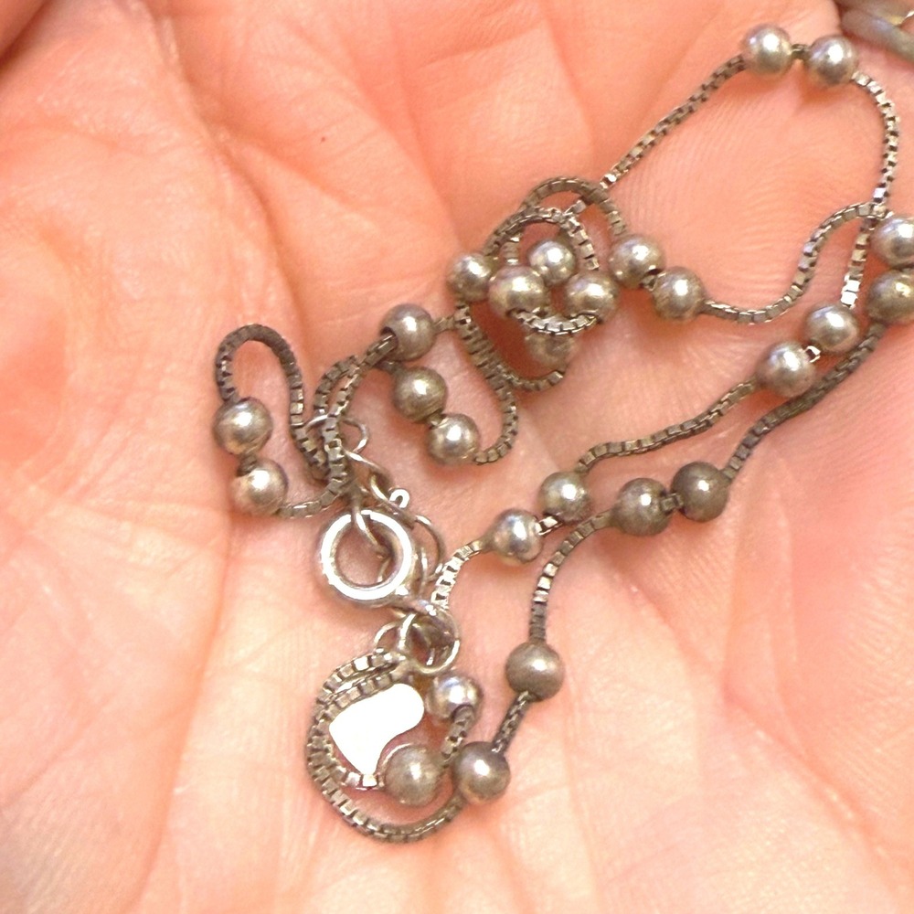 S925 Sterling Silver Double Strand Box Chain Bead Bracelet Heart Charm 6.5-7.5"